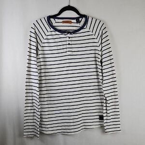 Scotch & Soda Navy and White Striped Long Sleeve Henley Shirt Medium